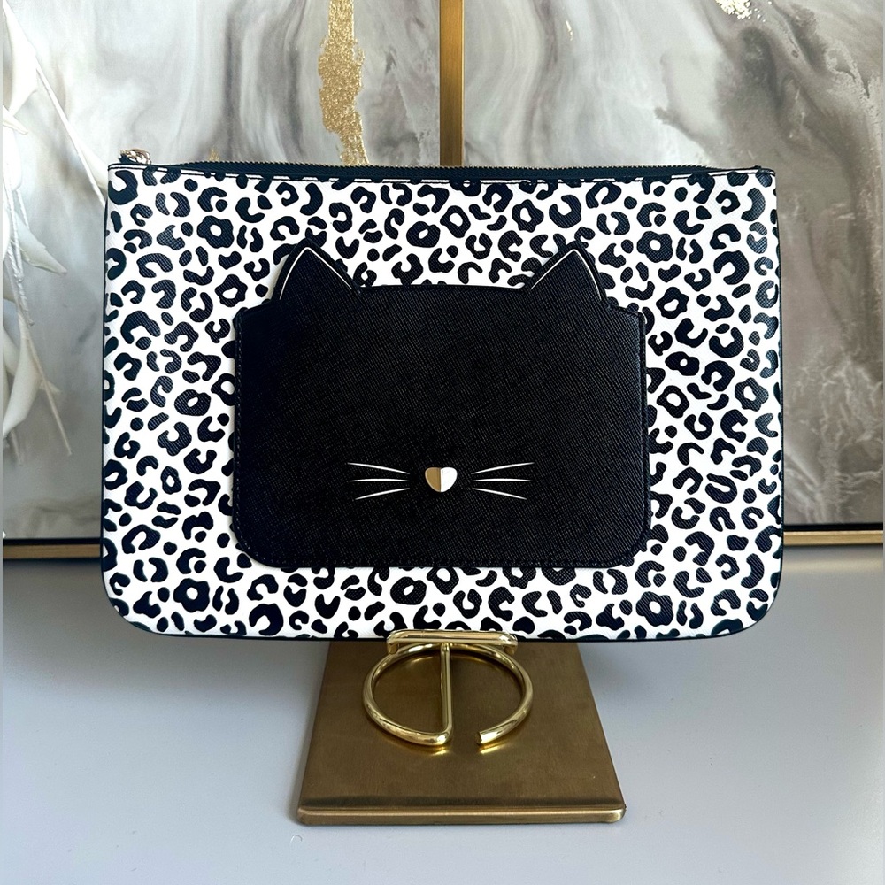 Like New Kate Spade Meow Cat Large Zip Pouch Clutch